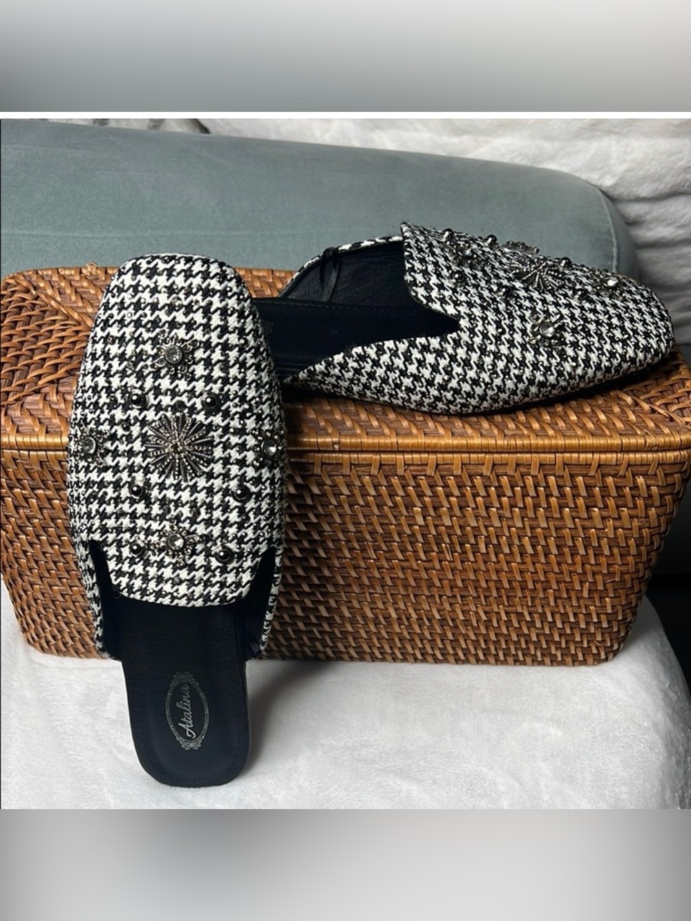 Black & White Houndstooth Embellished Slip-On Loafers